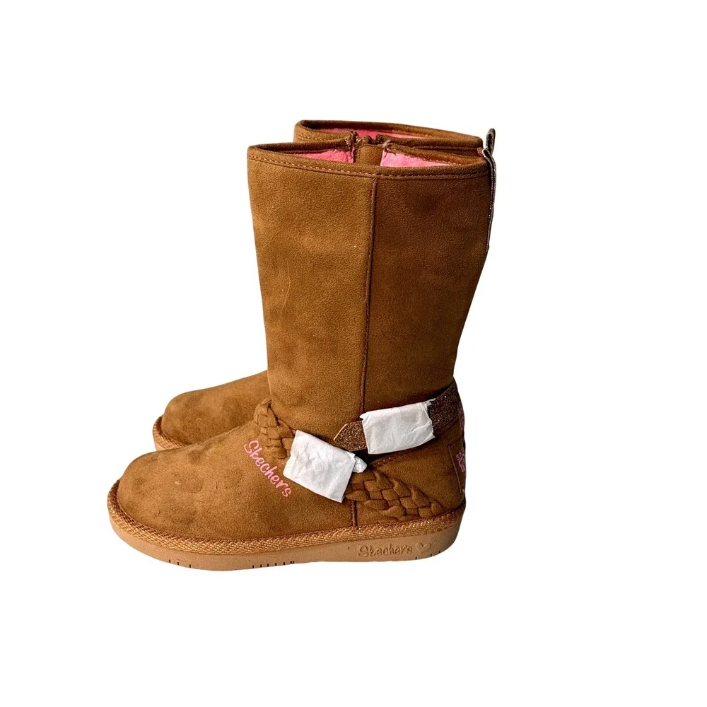 Skechers Toasty Toes Kids Brown Faux Suede Glitter Buckle Boots Zip Up Sz 12